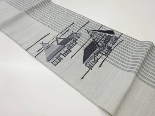 手織り紬金彩縞に家屋模様袋帯【中古】【着】｜Kimono-Shinei　２号店
