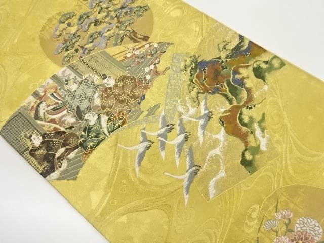 引箔地紙に平安貴族・松・群鶴・流水模様織出し袋帯【中古】【着】