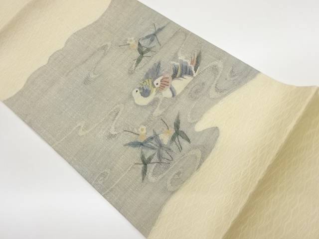 すくい織流水に鴛鴦・草花模様織出し夏用袋帯【中古】【着】