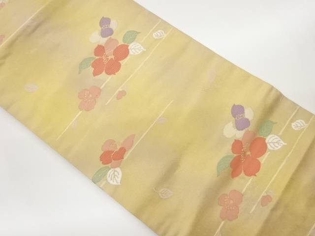 引箔花に葉模様織出し名古屋帯【中古】【着】