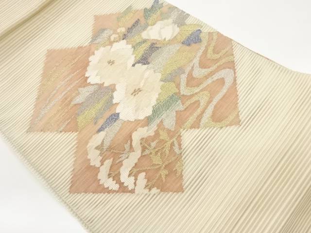 絽綴れ色紙に牡丹・流水・芝模様刺繍名古屋帯【中古】【着】｜Kimono-Shinei　２号店