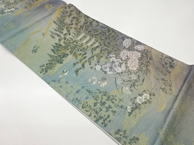 鴛鴦に寺院・庭園模様織出し袋帯【中古】【着】