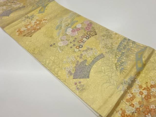地紙に松竹梅・花々模様織出し袋帯【中古】【着】