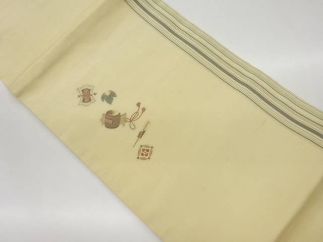 手織り紬縞に宝・扇子模様織出し名古屋帯【中古】【着】
