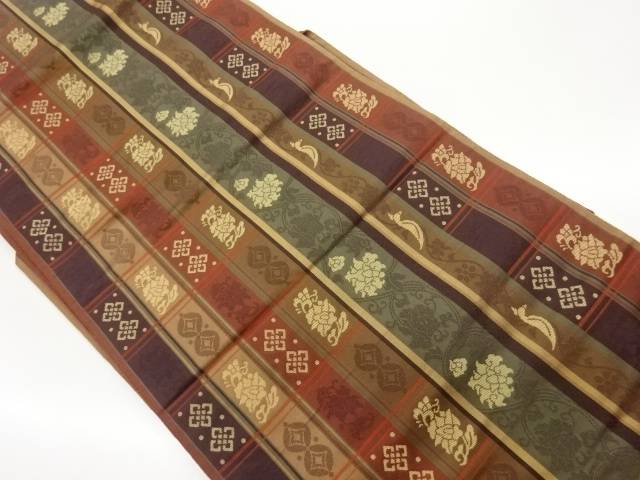 縞に牡丹唐草・菱模様織出し名古屋帯【中古】【着】 10,508円