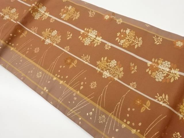 縞に花々模様織出し名古屋帯【中古】【着】