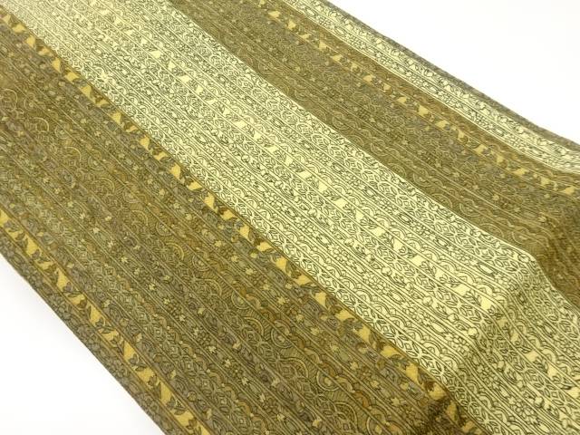 縮緬地縞に草花・幾何学模様名古屋帯【中古】【着】