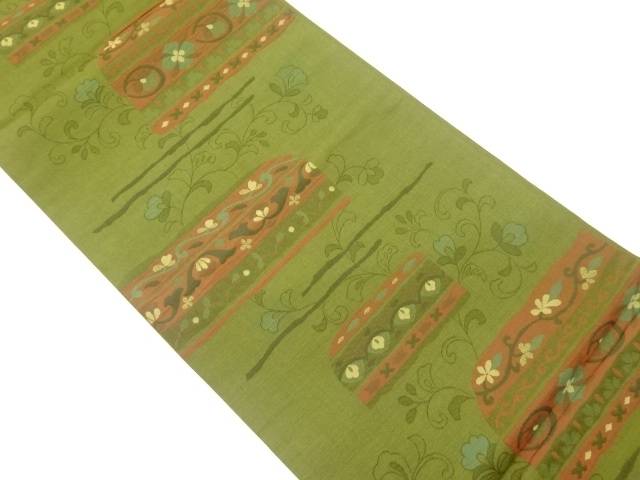 明日香製　変わり横段に花唐草模様織出し洒落袋帯【中古】【着】