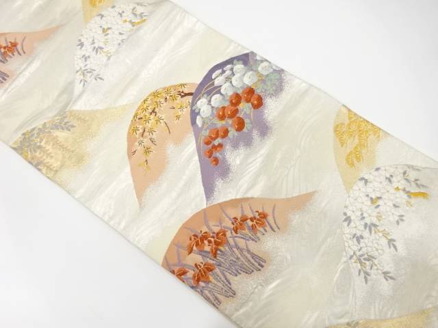 山並みに万寿菊・楓・菖蒲模様織出し袋帯【中古】【着】