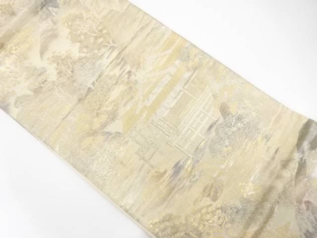 山並みに寺院風景模様織出し袋帯【中古】【着】