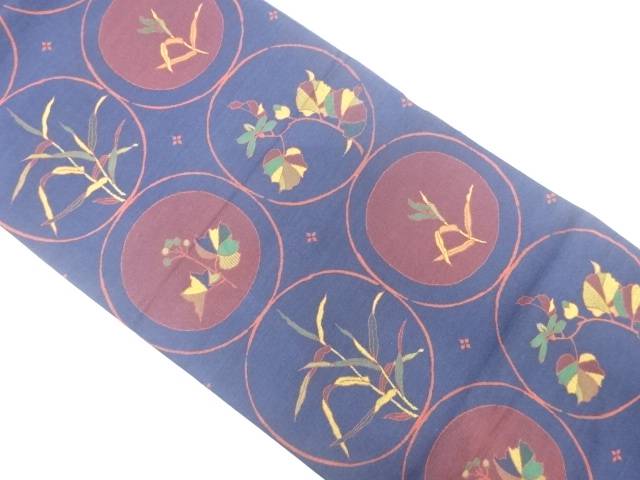 丸紋に草葉模様織出し袋帯【中古】【着】