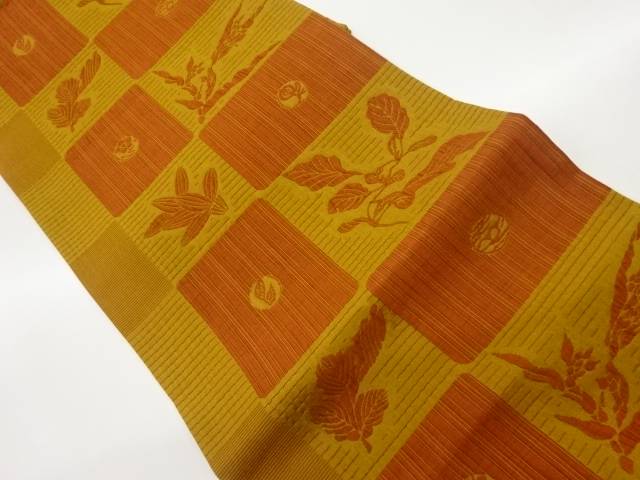 ふくれ織色紙に草花模様織出し全通洒落袋帯【中古】【着】