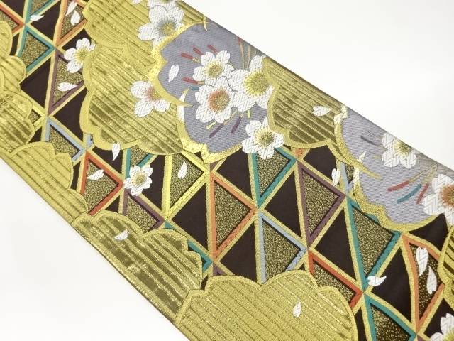 桜に格子・斜線模様織出し袋帯【中古】【着】｜Kimono-Shinei　２号店