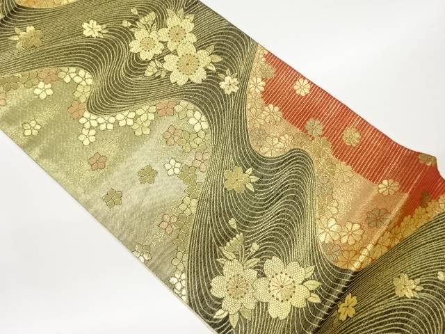 桜に流水・花々模様織出し袋帯【中古】【着】