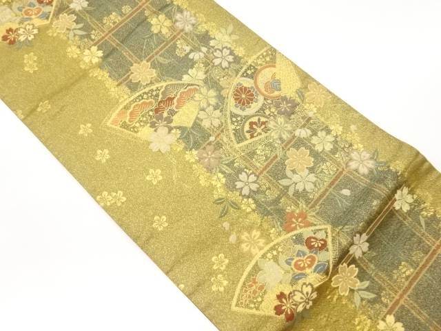 引箔地紙に松・花々模様織出し袋帯【中古】【着】