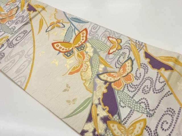 曲線に蝶・枝葉模様織出し袋帯【中古】【着】 9,828円