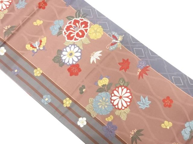 唐織　椿に菊蝶模様織り出し袋帯【中古】【着】