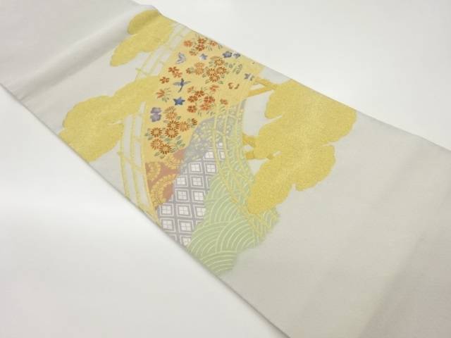 銀通し雲に橋・花鳥模様織出し袋帯【中古】【着】