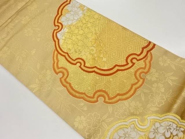 雪輪に枝垂れ桜・菱・亀甲模様織出し袋帯【中古】【着】 8,946円