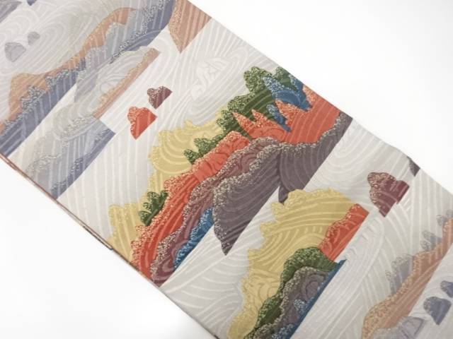 ふくれ織　枯山水模様織り出し全通袋帯【中古】【着】