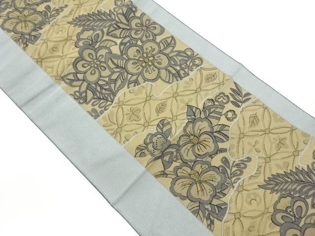 草木染草花に七宝模様織出し名古屋帯【中古】【着】