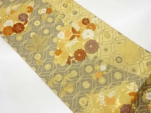 花々・蝶に変わり蜀江文模様織出し袋帯【中古】【着】