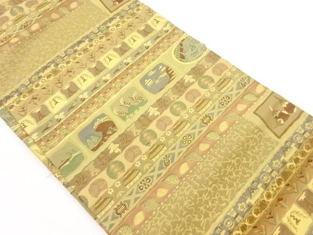横段に野菜・家屋・草花模様織出し名古屋帯【中古】【着】