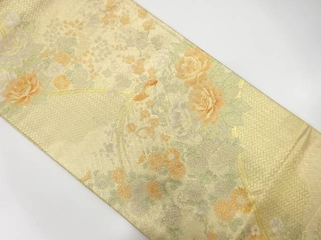 佐賀錦　尾長鳥に紅甘梅・牡丹模様織り出し袋帯【中古】【着】 4,536円