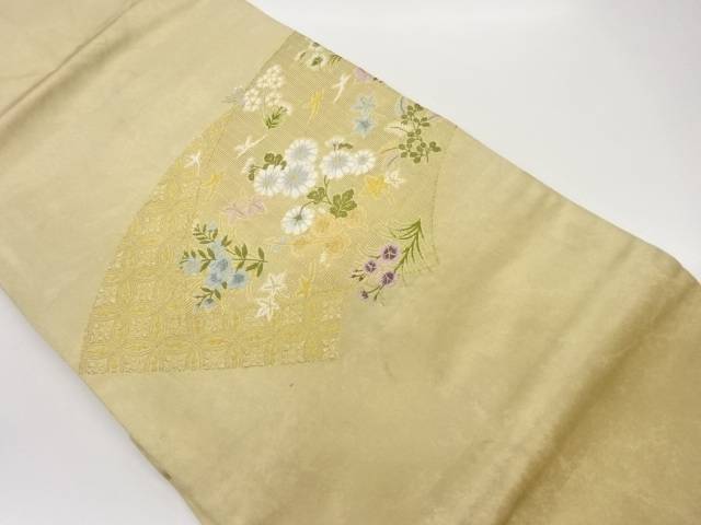 地紙に草花・七宝模様織出し名古屋帯【中古】【着】