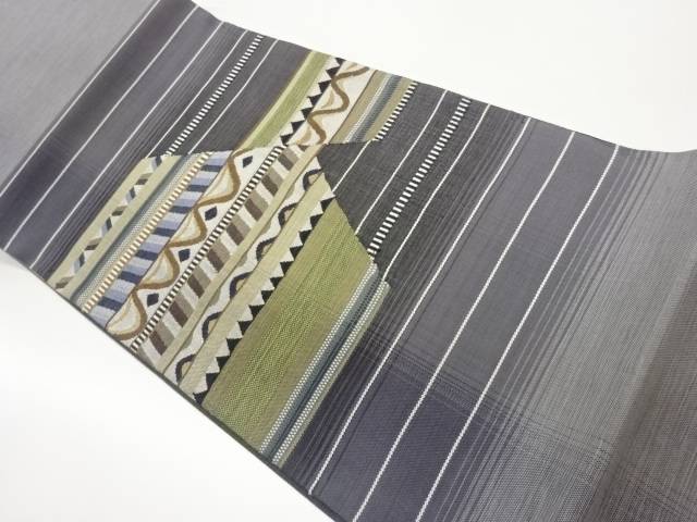 横段に抽象模様織出しリバーシブル袋帯【中古】【着】【袋帯】
