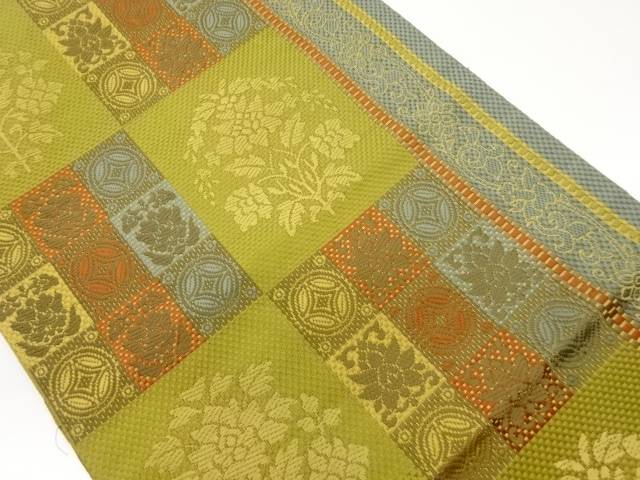本場筑前博多市松に草葉模様織出し名古屋帯【中古】【着】【名古屋帯】