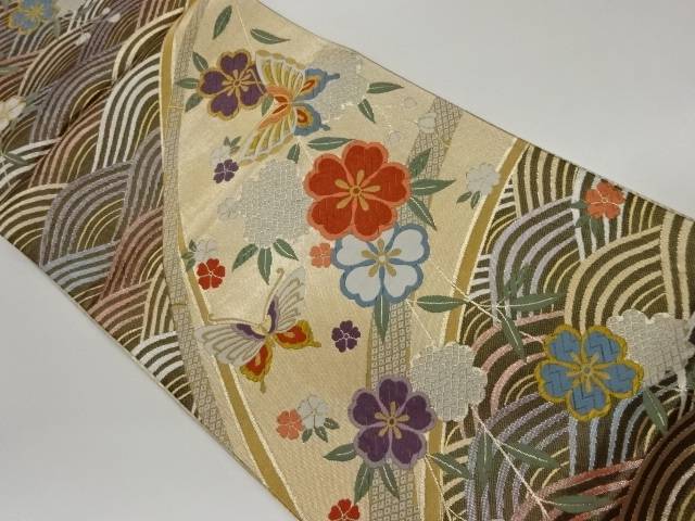 枝垂れ桜・蝶に波模様織出し全通袋帯【中古】【着】【袋帯】