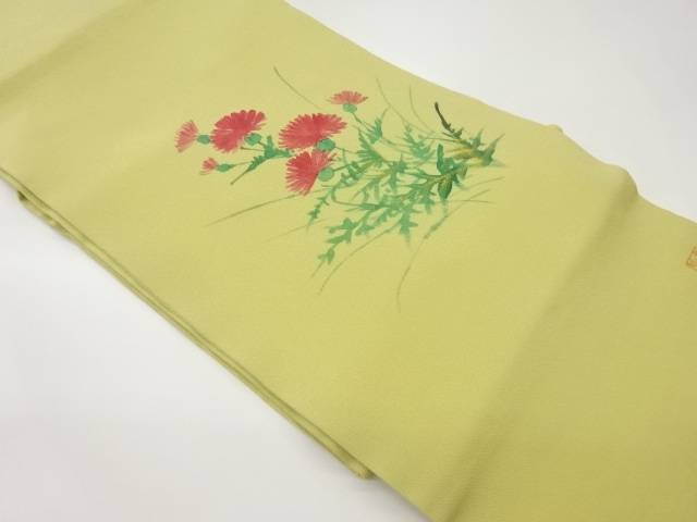 作家物　縮緬地金彩手描き草花模様名古屋帯【中古】【着】【名古屋帯】