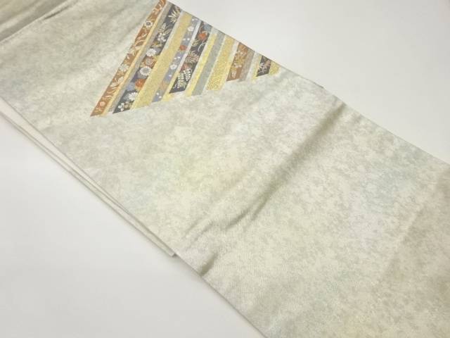 引箔斜線に花々・鳳凰模様織出し名古屋帯【中古】【着】【名古屋帯】