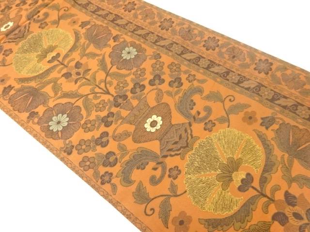 縞に草花模様織出し全通洒落袋帯【中古】【着】【袋帯】