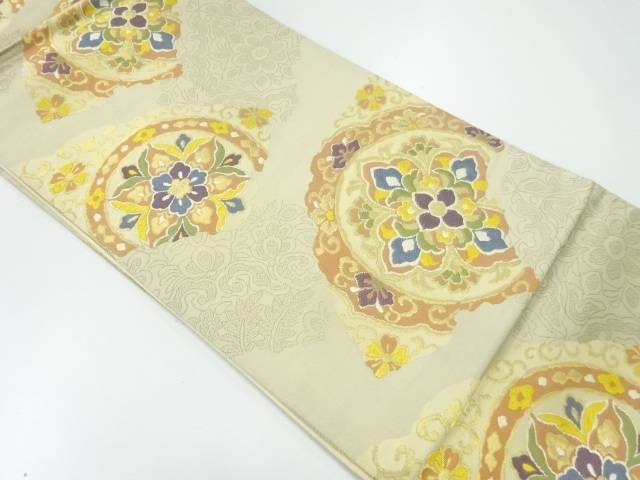 絵皿に華紋模様織出し袋帯【中古】【着】【袋帯】