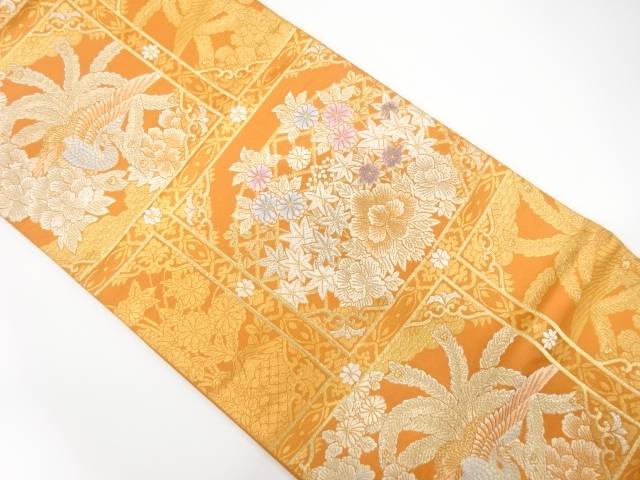 格天井に鳳凰・花模様織り出し袋帯【中古】【着】【袋帯】