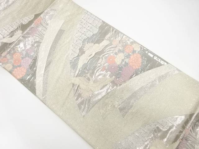 鶴に菊・古典柄織り出し　袋帯【中古】【着】【袋帯】