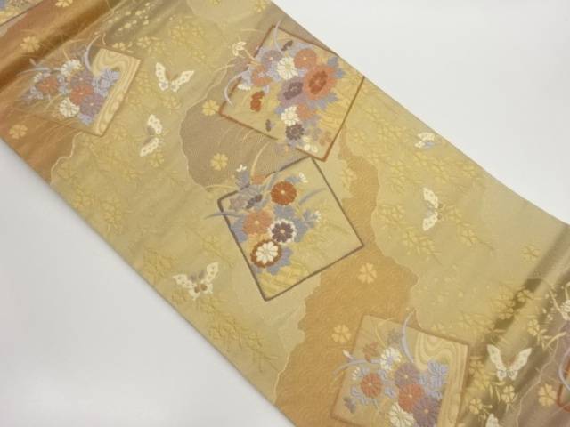 色紙に道長取・草花・蝶模様織出し袋帯【中古】【着】【袋帯】