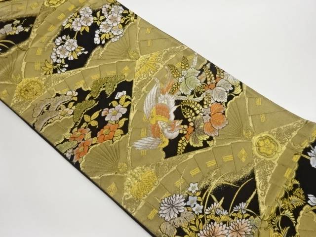 檜扇鳳凰に松・竹・桐・花々模様織出し全通袋帯【中古】【着】【袋帯】