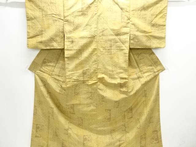色紙に唐花模様織り出し手織り紬着物【中古】【着】【紬・お召し】