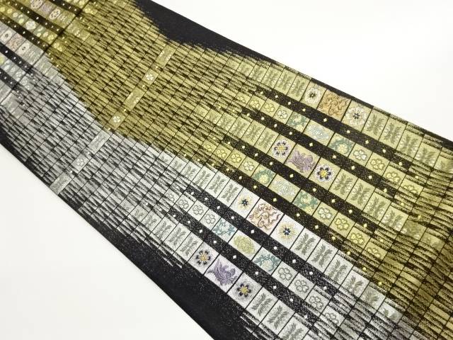 変わり格子・鳳凰・草花模様織出し袋帯【中古】【着】【袋帯】