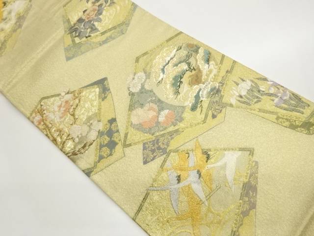 色紙に群鶴・松・花々模様織出し袋帯【中古】【着】【袋帯】