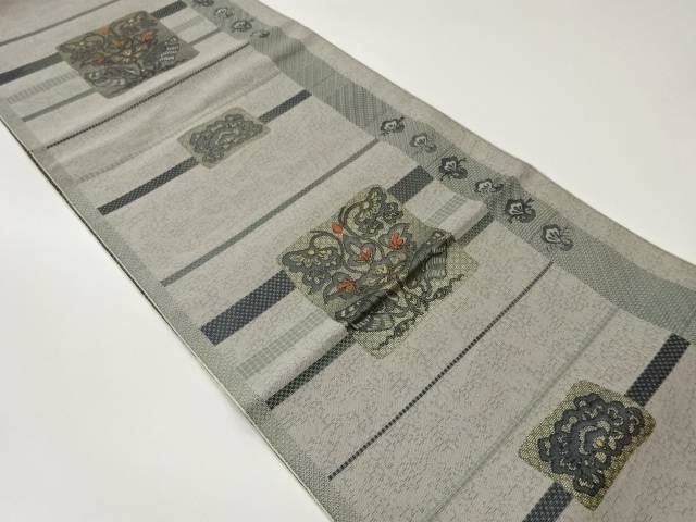 本場筑前博多横段に四角・花葉模様織出し名古屋帯【中古】【着】【名古屋帯】