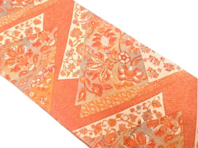 本場筑前博多　唐花模様織り出し名古屋帯【中古】【着】【名古屋帯】
