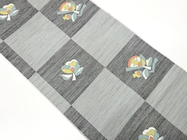 市松に抽象花模様織出し名古屋帯【中古】【着】【名古屋帯】