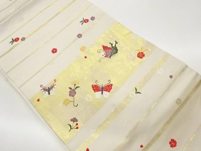 横段に蝶・花散らし模様織出し名古屋帯【中古】【着】【名古屋帯】