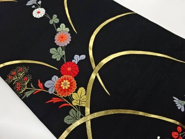 菊に芝模様織出し名古屋帯【中古】【着】【名古屋帯】