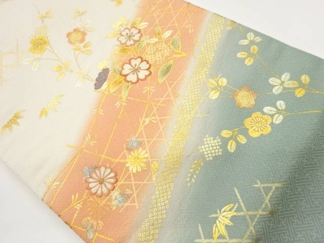 金彩草花模様刺繍名古屋帯【中古】【着】【名古屋帯】