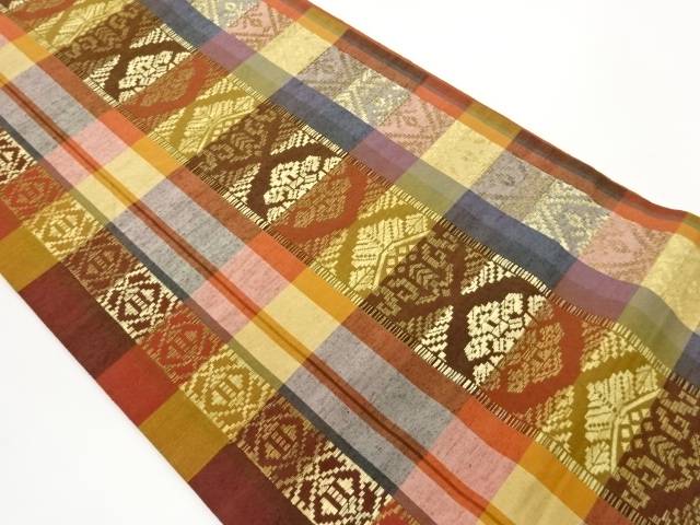 手織り紬縞に華紋・幾何学模様織出し袋帯【中古】【着】【袋帯】